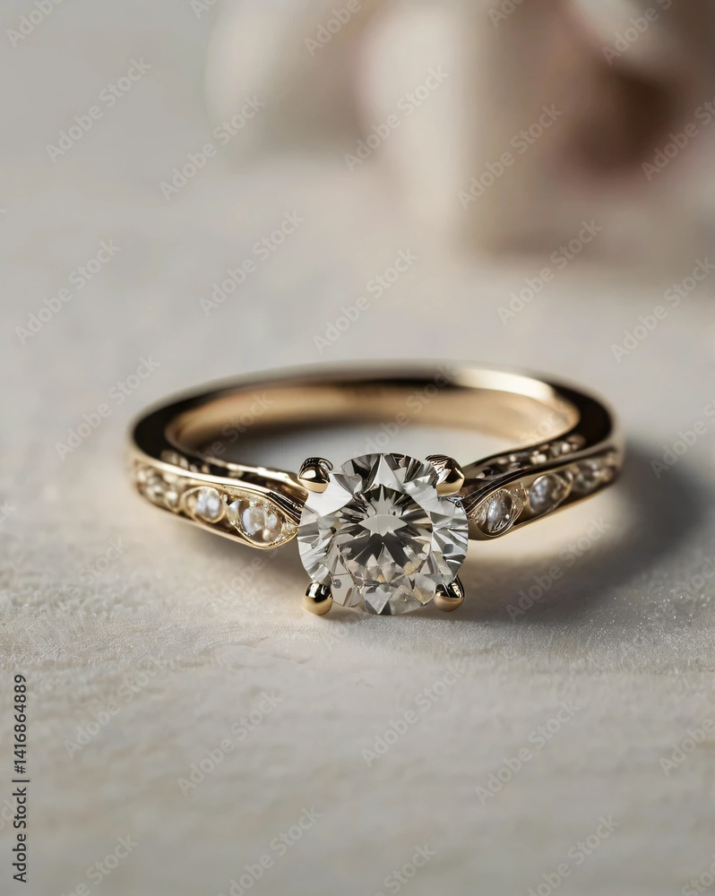 An elegant diamond engagement ring with a prominent solitaire, set on a slender gold band. An elegant diamond engagement ring with a prominent solitaire, set on a slender gold band.
