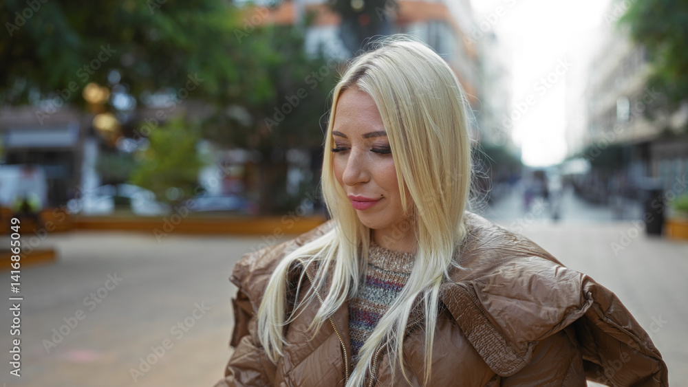 Obraz premium Woman standing outdoors in an urban park setting, showcasing beautiful blonde hair and wearing a brown jacket on a city street with a soft, calm expression.