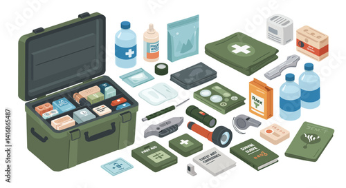 Military survival gear spread with detailed flat design including first aid kit, water bottles, flashlight, and emergency supplies vector illustration