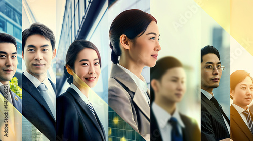 Obraz na płótnie Illustration of Asian business team in segmented corporate portrait with futuristic lighting. w salonie
