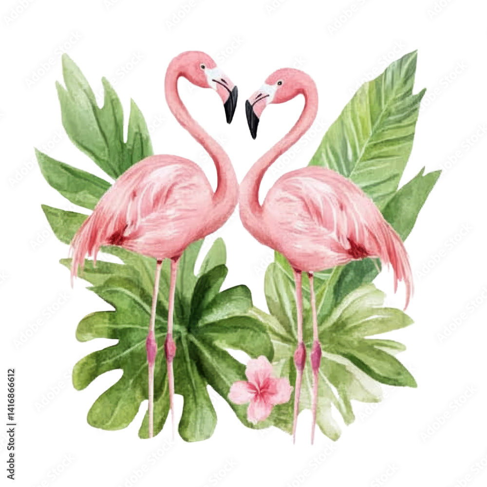 Obraz premium Flamingos embracing tropical oasis watercolor artwork transparent background lush environment