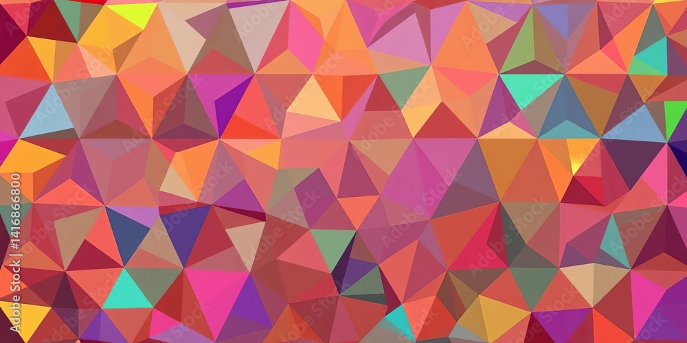 Fototapeta premium Vibrant mosaic of colorful triangles forming an abstract geometric background, flyer, triangle effect