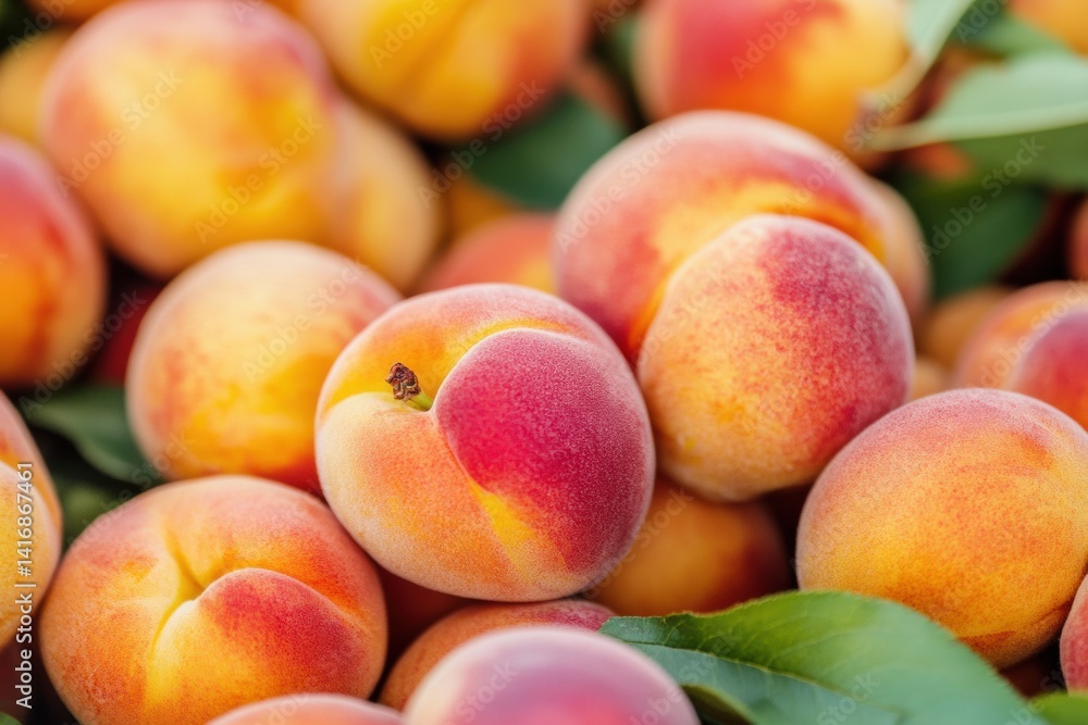 Fresh ripe peaches with vibrant colors and green leaves in a pile Fresh ripe peaches with vibrant colors and green leaves in a pile