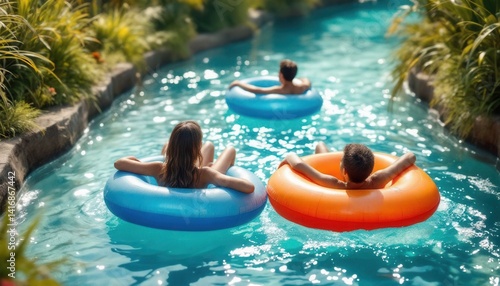 Kids with relaxed mood floating on inflatable tubes in a sunny lazy river, surrounded by tropical greenery. Ideal for travel ads, summer promotions, and family vacation visuals.