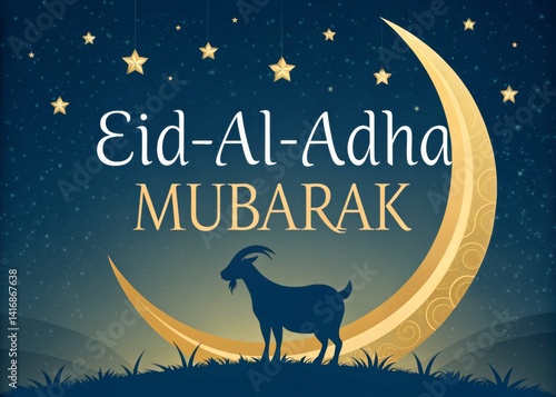 Eid Al-Adha Mubarak Greeting with Silhouette Goat and Crescent Moon