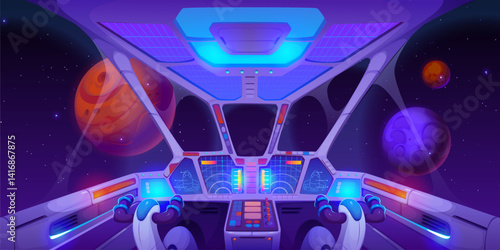 Spaceship cockpit interior, control panel dashboard with glowing buttons and panoramic space view with planets and twinkling stars appear through the window. Futuristic cartoon vector scifi space ship