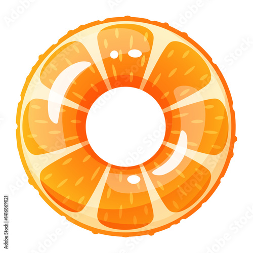 Inflatable swimming circle in the form of an orange slice. Bright lifebuoy, inflatable toy float. Summer accessory for swimming on the beach, in the pool. Vector cartoon illustration.