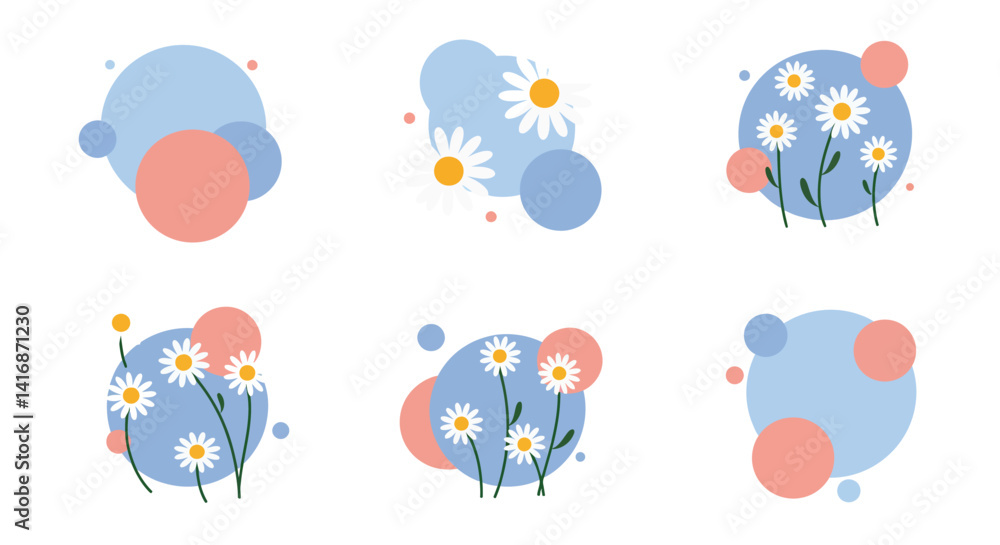 Obraz premium Minimal flat style vector illustration of white daisies with yellow centers surrounded by pastel blue and pink abstract circles vector art
