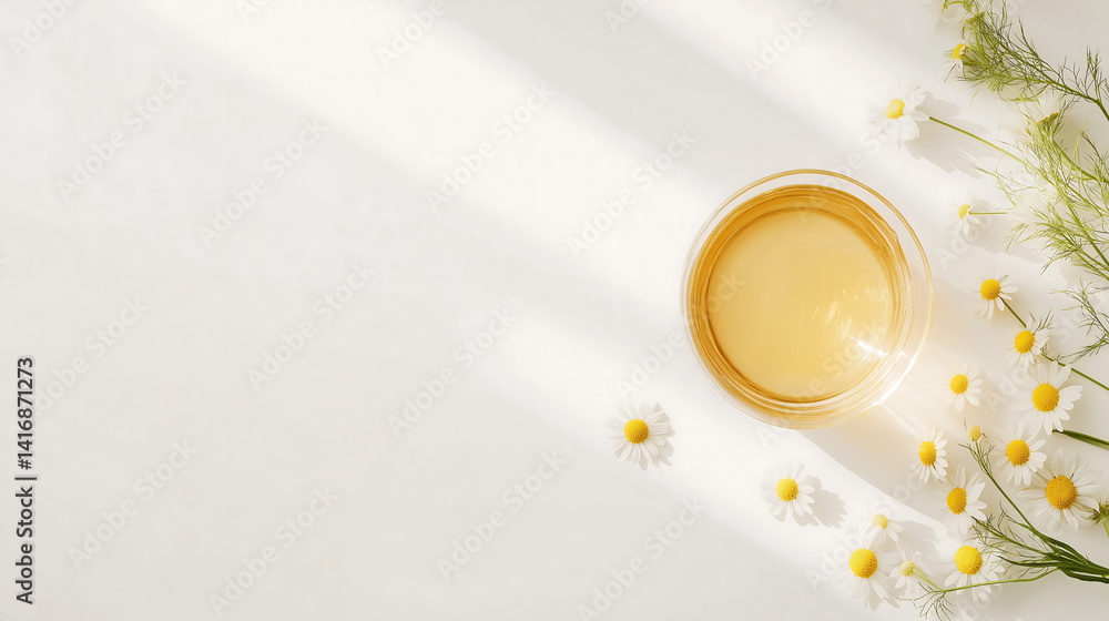 Chamomile tea with chamomile flowers on white background, copy space Chamomile tea with chamomile flowers on white background, copy space