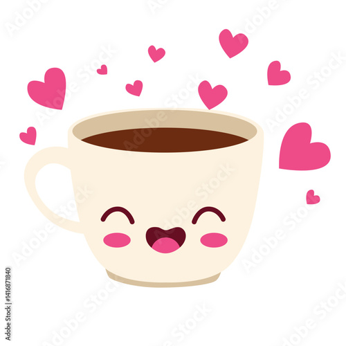 A cute kawaii coffee cup with smiling face and heart accents. Ideal for Valentine’s Day, romantic designs, cafe themes, stickers, and adorable coffee-related projects.