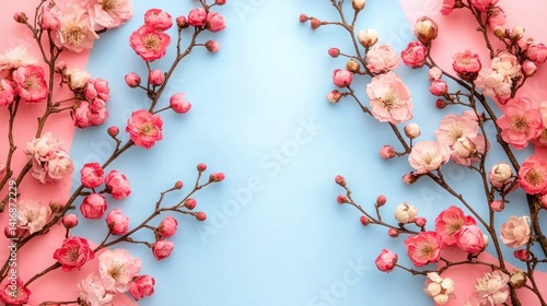 Delicate pink blossoms arranged on a light blue and pink background