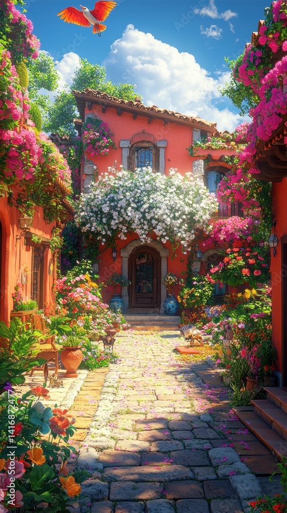 Fototapeta premium A picturesque cobblestone pathway leading to a vibrant, flower-adorned house