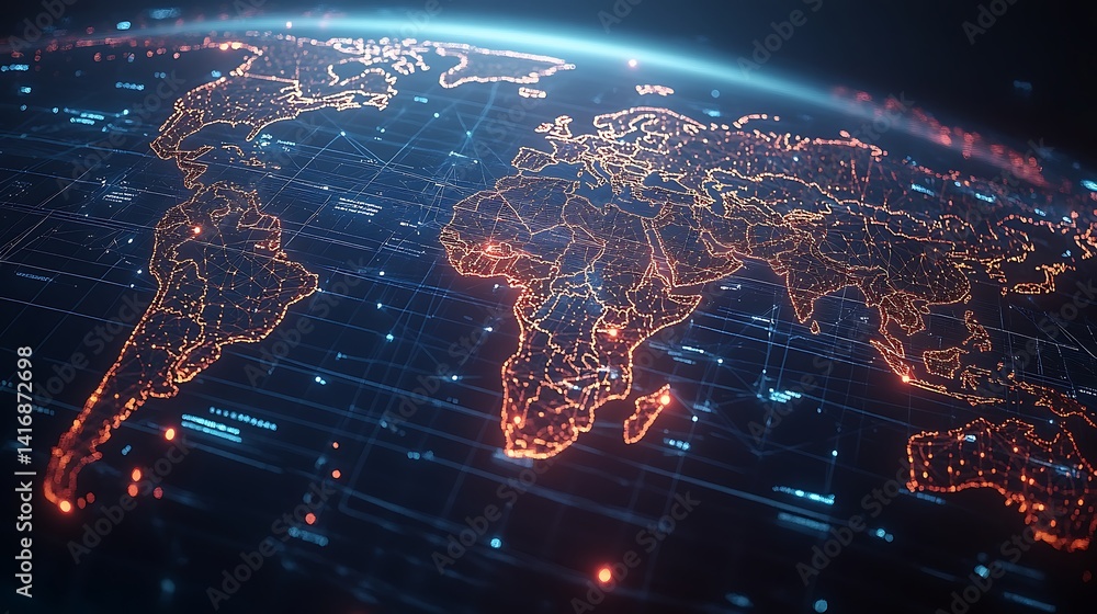 Fototapeta premium Digital World Map with Glowing Network Connections