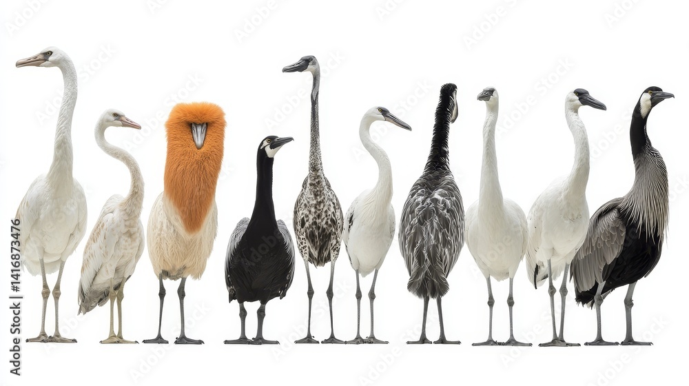 Obraz premium Exquisite Avian Sculptures Collection, Ornithological Wonders Displayed in Linear Formation, Artful Feathers and Graceful Forms in a Row, Unique Assemblage