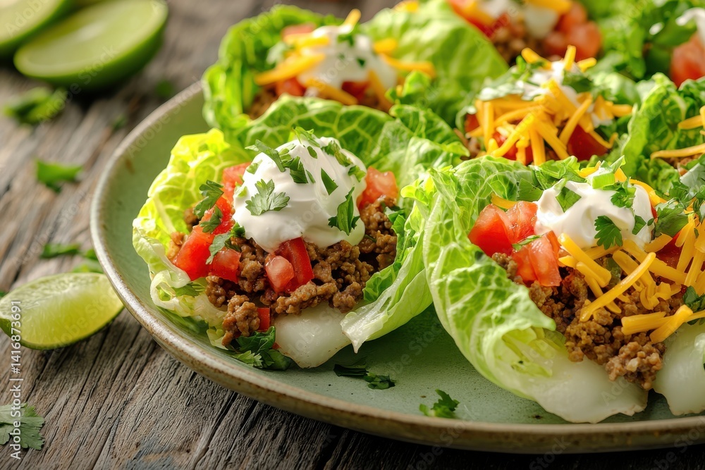 Lettuce wraps tasty, colorful filling and topping mix on greens, delicious Lettuce wraps tasty, colorful filling and topping mix on greens, delicious