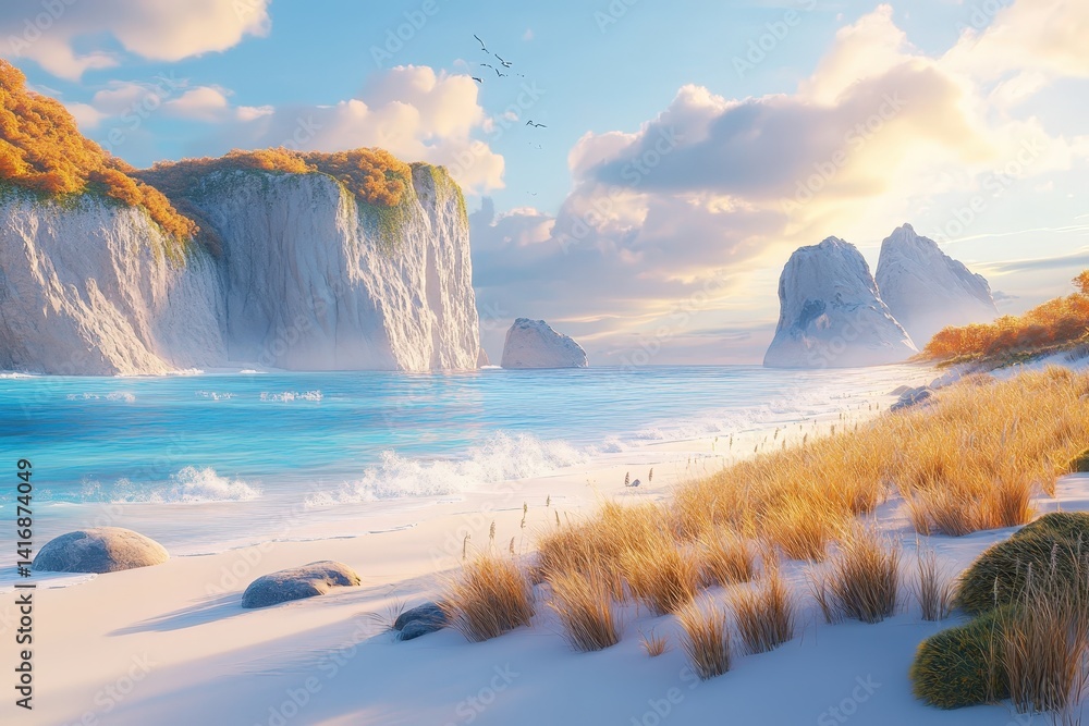 Fototapeta premium Golden hour bathed beach landscape with dramatic cliffs.