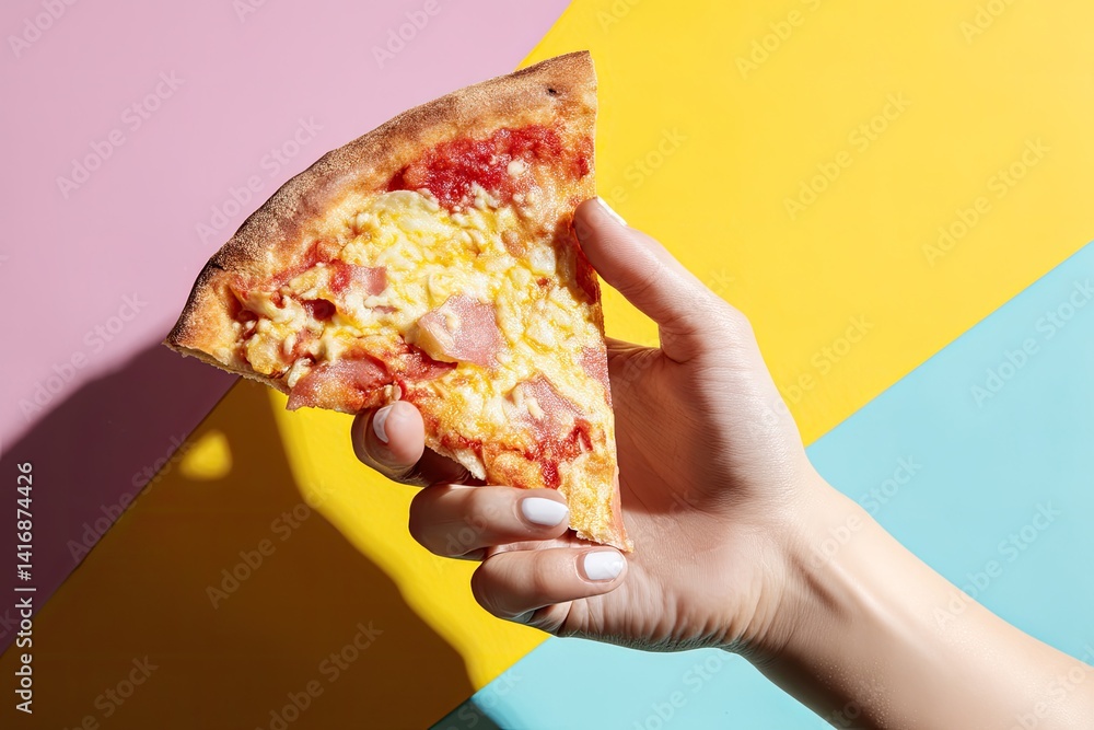 Hands holding a pizza slice against a colorful background