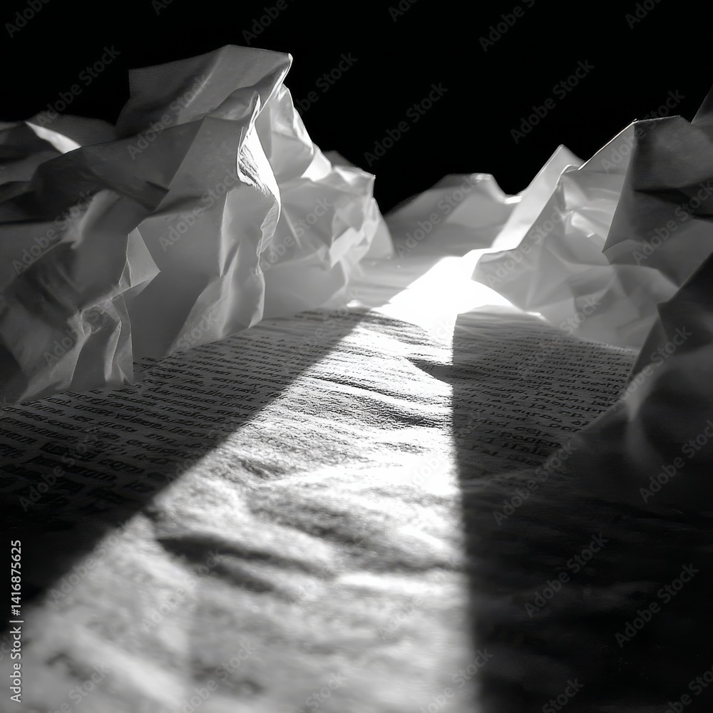 A Beam of Light on Text: An Abstract Monochrome Composition with Paper Forms and Deep Shadows for Artistic Expression