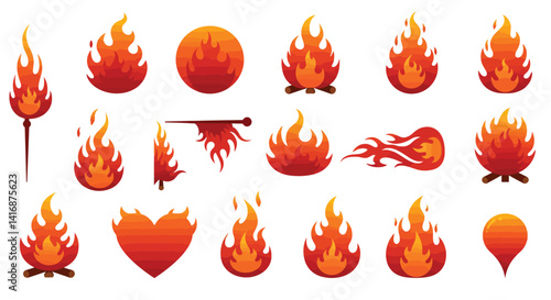 Various stylized fire flames and torches in flat design with vibrant orange and red colors vector illustration