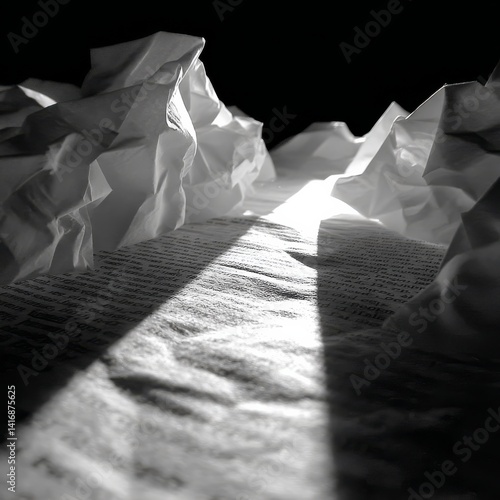 Obraz na płótnie A Beam of Light on Text: An Abstract Monochrome Composition with Paper Forms and Deep Shadows for Artistic Expression w salonie