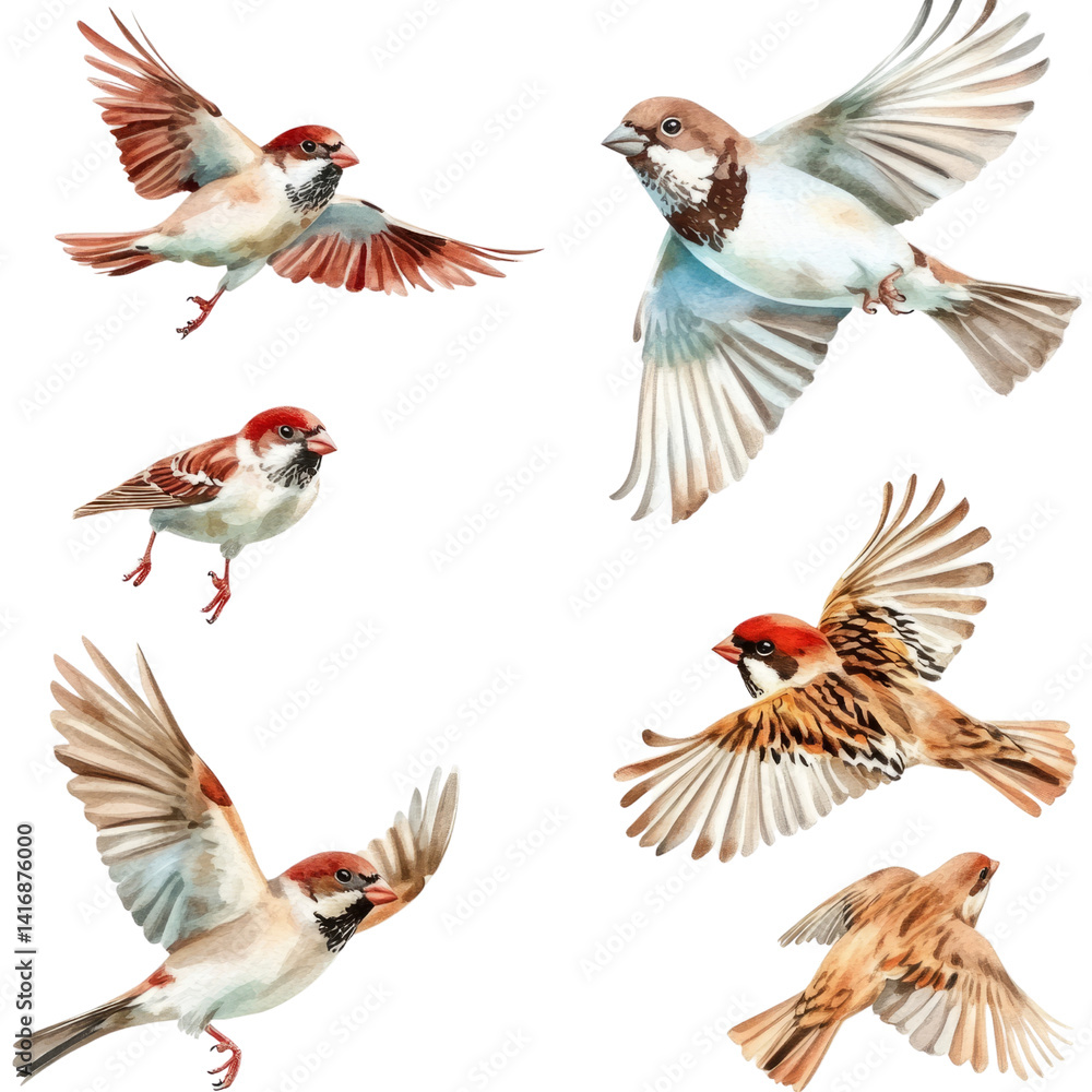 Flying sparrows in watercolor nature illustration Flying sparrows in watercolor nature illustration