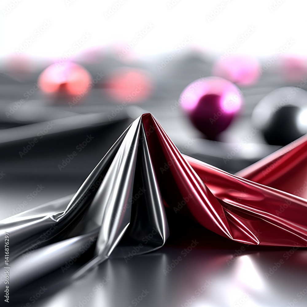 Abstract metallic folds and shimmering orbs create a visually stunning modern art piece.