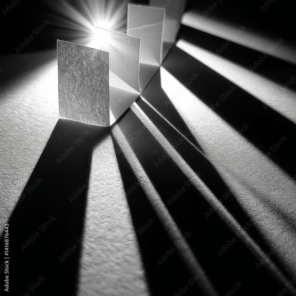 Abstract Play of Light and Shadow: Minimalist Black and White Composition with Geometric Shapes and Light Rays.