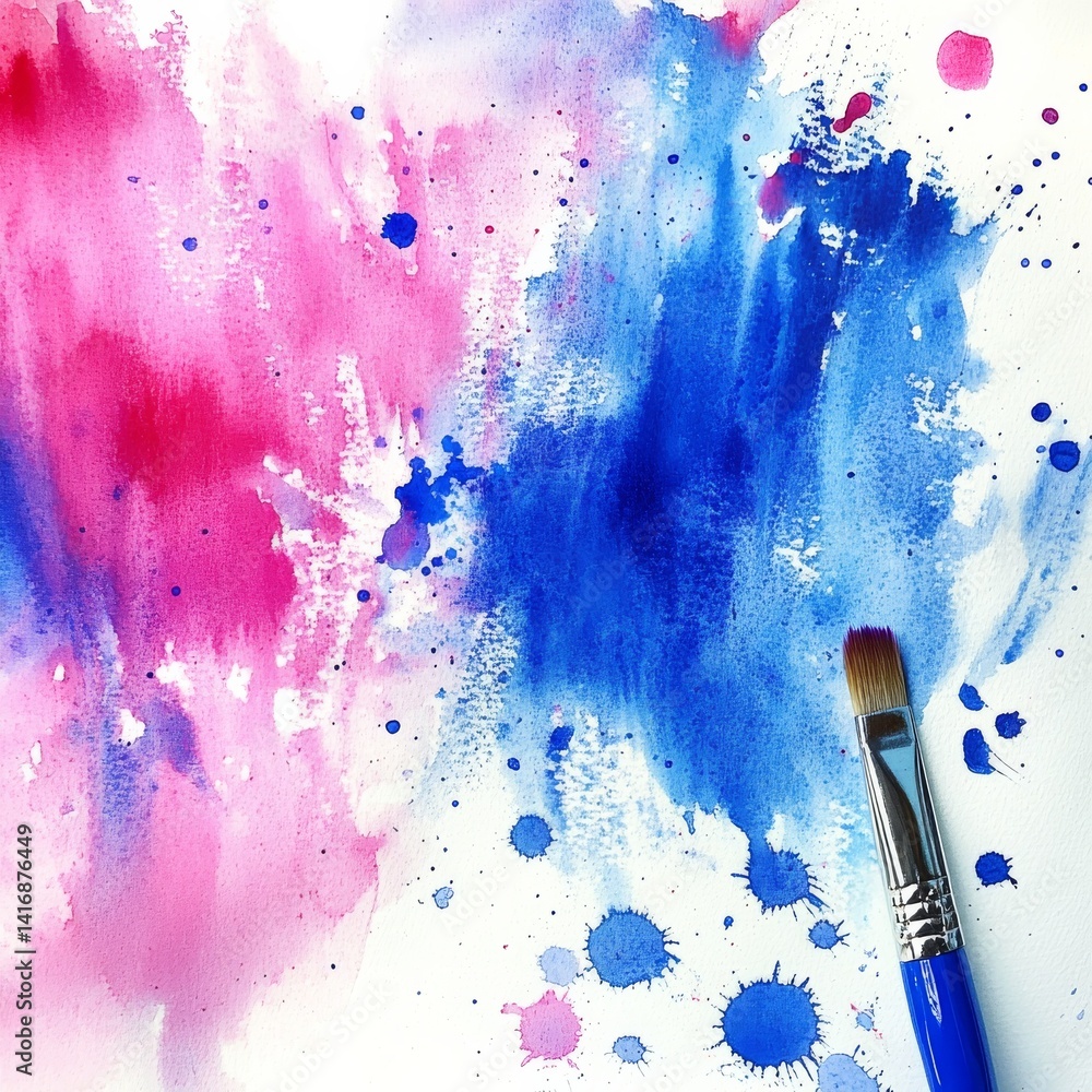 Abstract Pink and Blue Watercolor Art with Brush - A vibrant and expressive artistic creation.