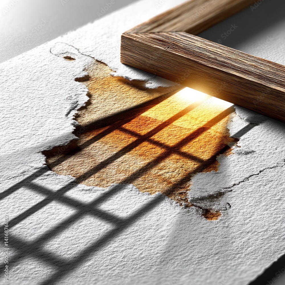 Abstract View: Wooden Frame Casting Shadow on Torn Paper Revealing Bright Light Below, Symbolizing Hope