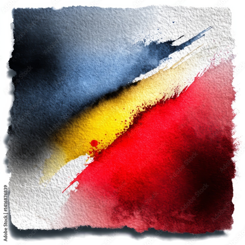 Abstract Watercolor Composition with Diagonal Bands of Blue, Yellow, and Red on Textured Paper