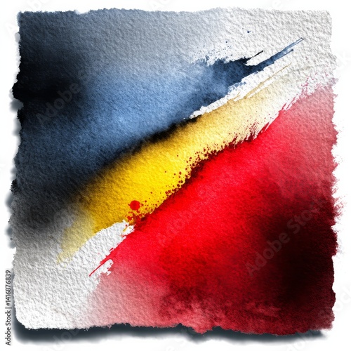Obraz na płótnie Abstract Watercolor Composition with Diagonal Bands of Blue, Yellow, and Red on Textured Paper w salonie