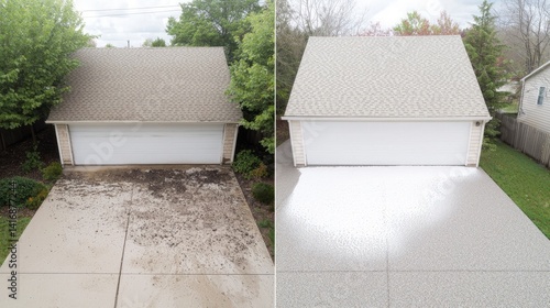 Garage driveway cleaning before and after.  A dirty, stained driveway is transformed into a clean, bright surface