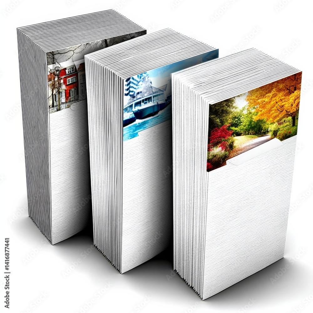 Artful Book Stacks: A Showcase of Diverse Visual Narratives in Winter, Seaside, and Autumnal Landscapes, all resting on a Pristine White Background