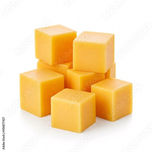 Cheddar cheese cubes isolated on white background.