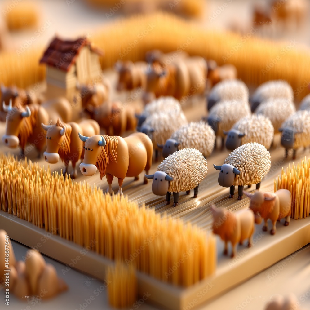 A Stylized Farm Scene with Sheep and Cows, Miniature Building, and Golden Wheat-Like Rows in a Playful Arrangement