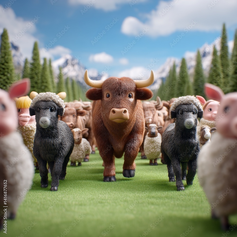 A Toy Bull Leading Toy Sheep and Pigs on a Green Meadow, Mountains and Trees in the Background on a Sunny Day