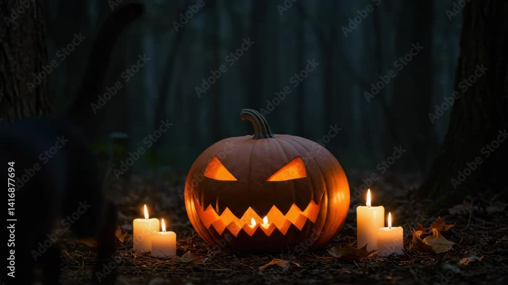 A black cat perched on a carved pumpkin in a spooky forest. A black cat perched on a carved pumpkin in a spooky forest.