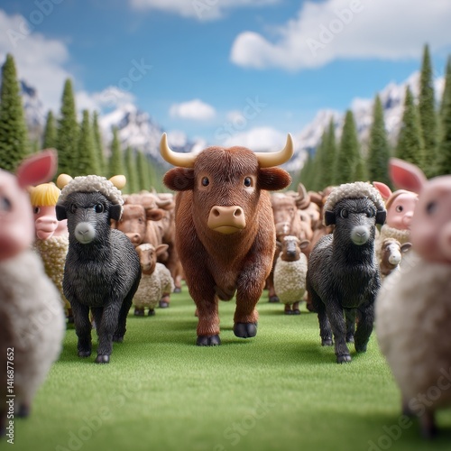 Obraz na płótnie A Toy Bull Leading Toy Sheep and Pigs on a Green Meadow, Mountains and Trees in the Background on a Sunny Day w salonie