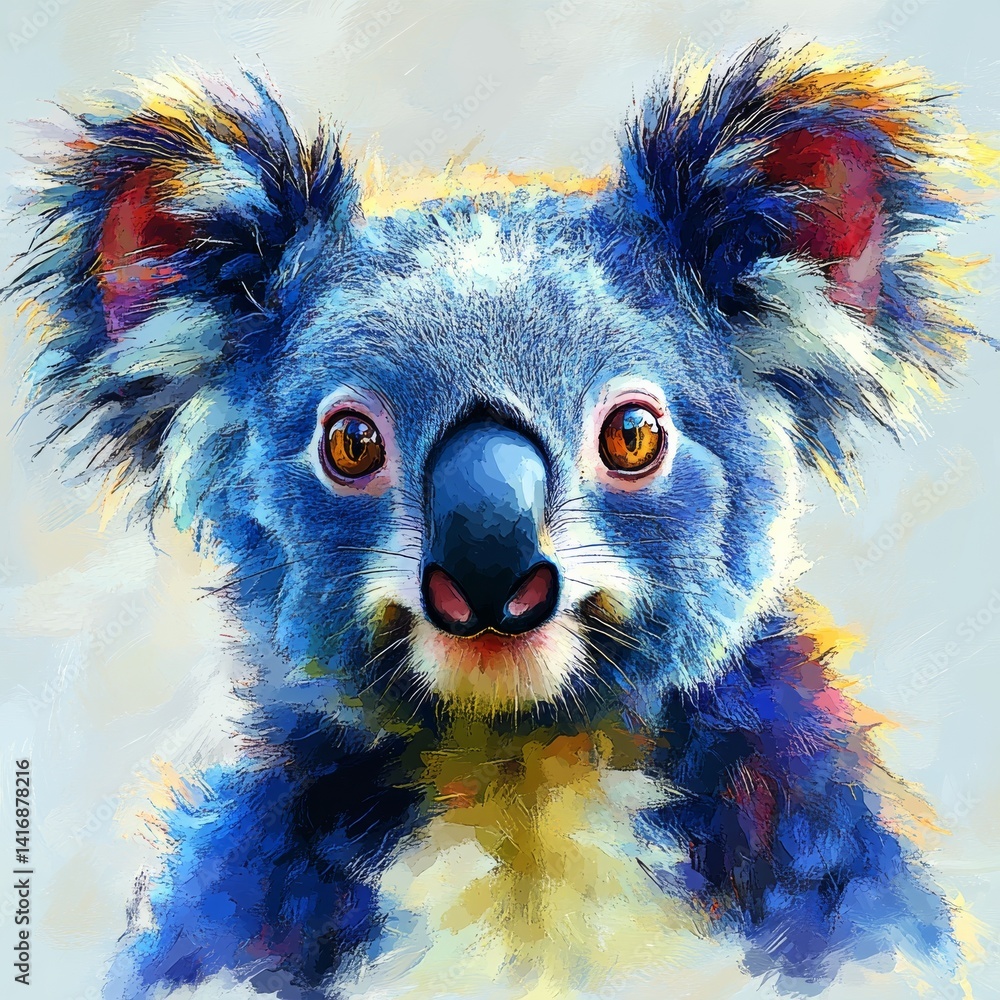 Colorful Koala Portrait: An Artistic Rendering of an Australian Icon with Expressive Brushstrokes and Detailed Facial Features
