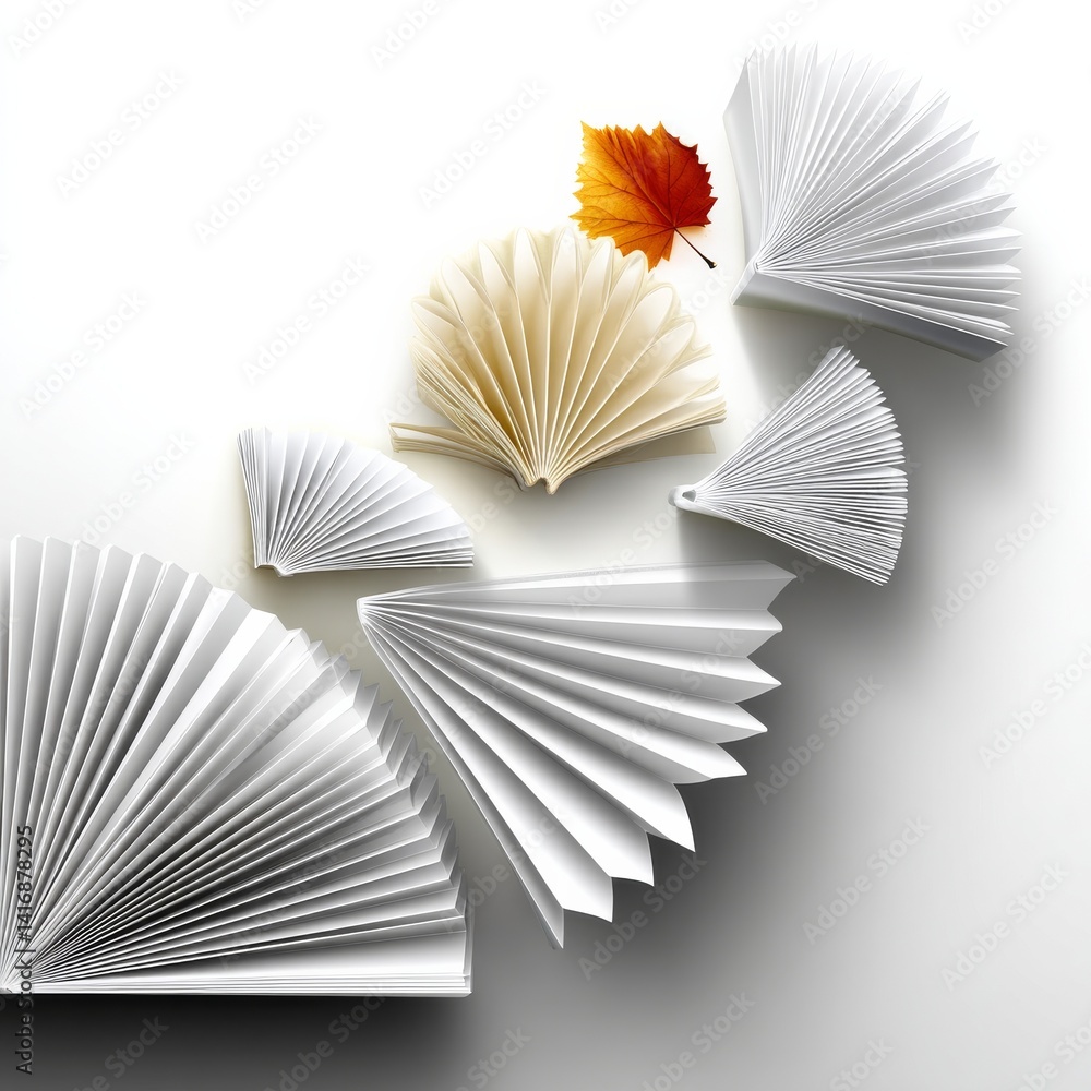 Conceptual Still Life with Paper Fans and Autumn Leaf on White Background - Minimalist Design
