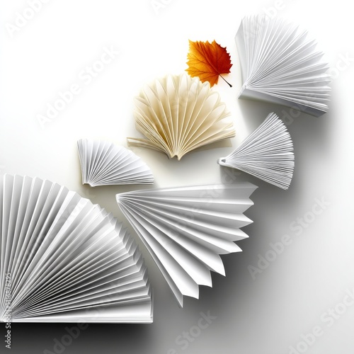 Obraz na płótnie Conceptual Still Life with Paper Fans and Autumn Leaf on White Background - Minimalist Design w salonie