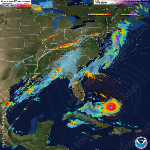 map of southeastern United States with hurricane tracking path and warning zones — weather forecast app interface design