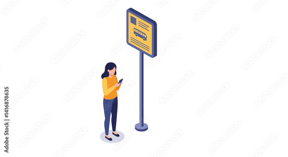 Woman waiting at public bus stop using smartphone in casual outfit flat design vector illustration Woman waiting at public bus stop using smartphone in casual outfit flat design vector illustration
