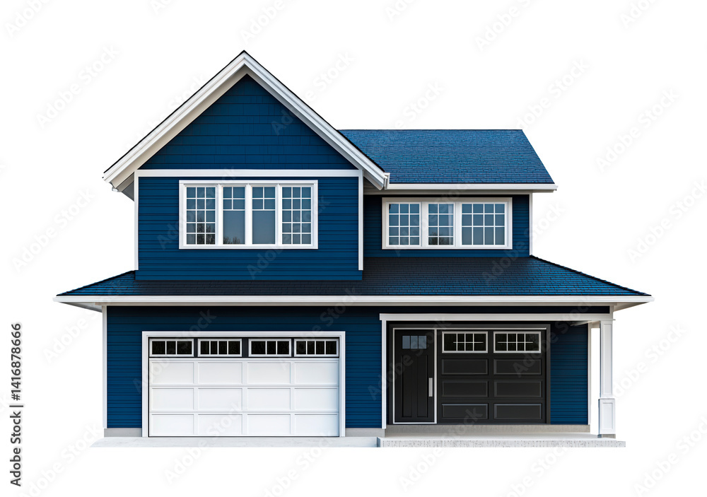 A large, modern blue house with multiple windows and car garage isolated on transparent background A large, modern blue house with multiple windows and car garage isolated on transparent background