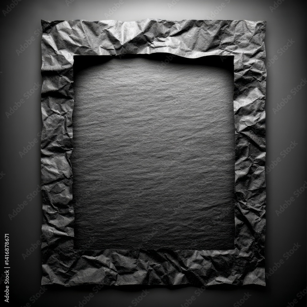 Dark Texture Frame: Abstract Crumpled Paper Edges with a Subtle Matte Center Area for Creative Applications