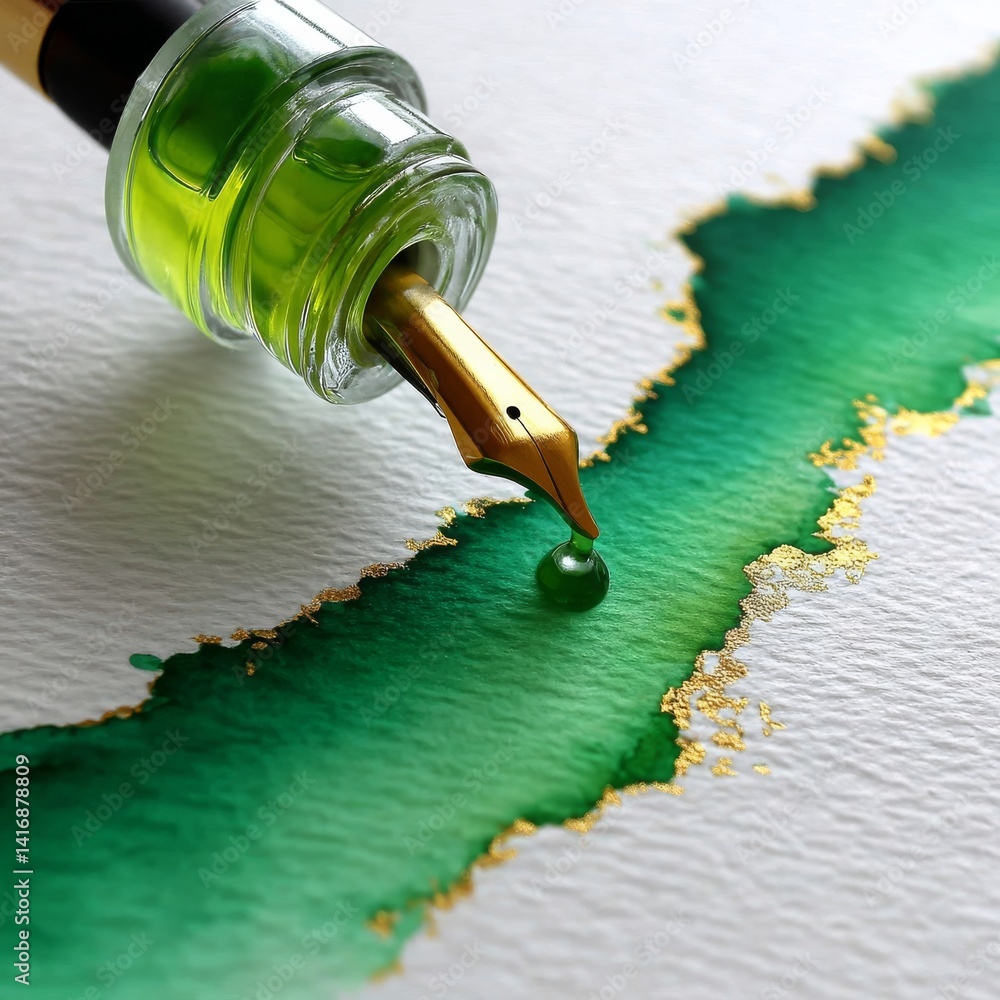 Elegant Green Ink Flow: A Fountain Pen's Golden Touch on Watercolor Paper Creates a Vivid Stroke of Color