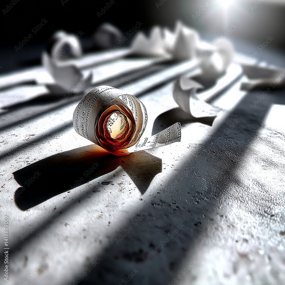 Ephemeral Fragments: A paper curl bathed in sunlight, surrounded by torn remnants on a textured surface.