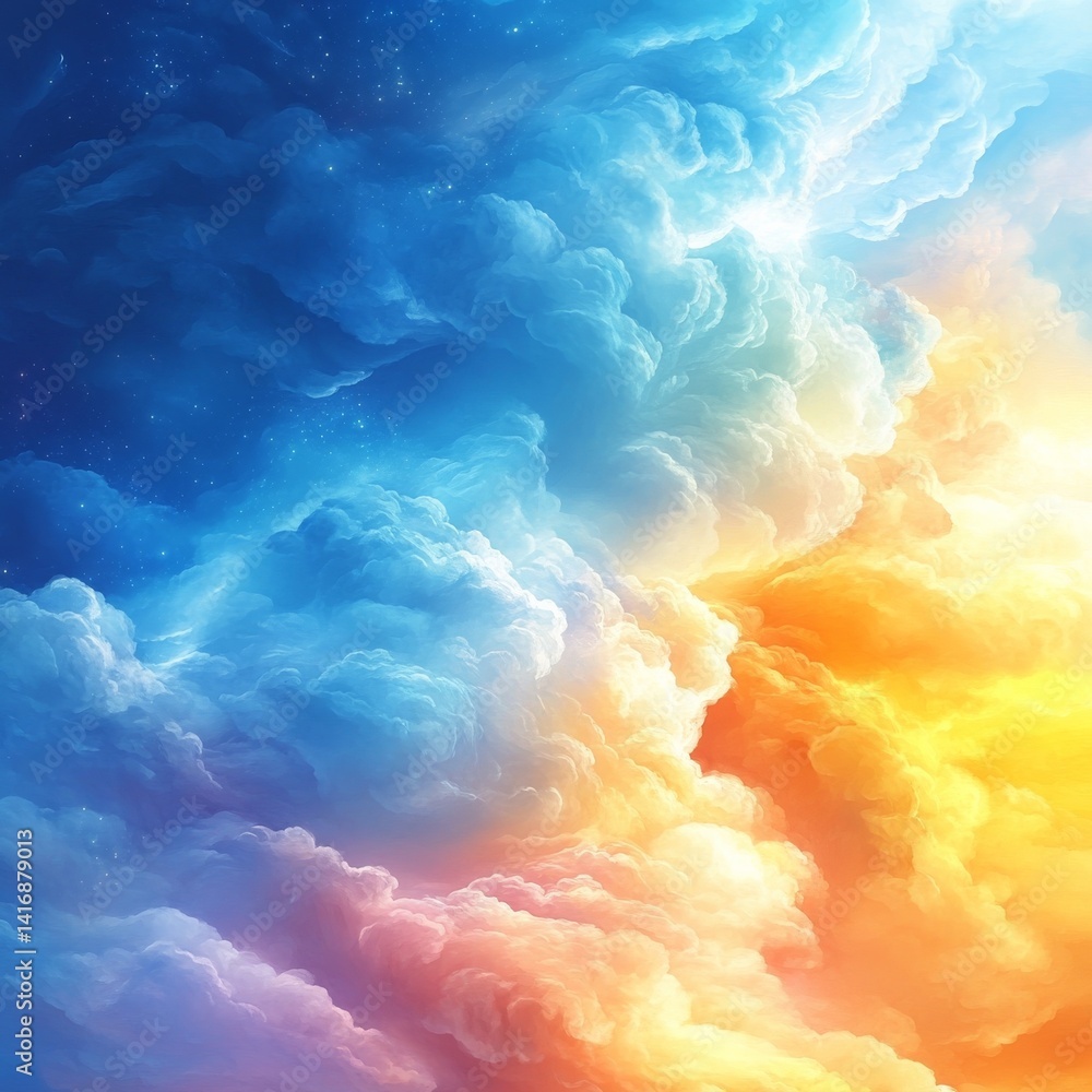 Ethereal Sky: A Beautiful Digital Painting of Clouds in Shades of Blue, Orange, and Pink with Subtle Star Accents
