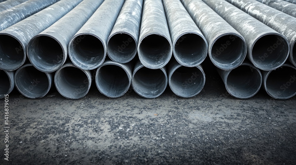 Monochrome composition featuring stacked pipes on textured floor surface Monochrome composition featuring stacked pipes on textured floor surface