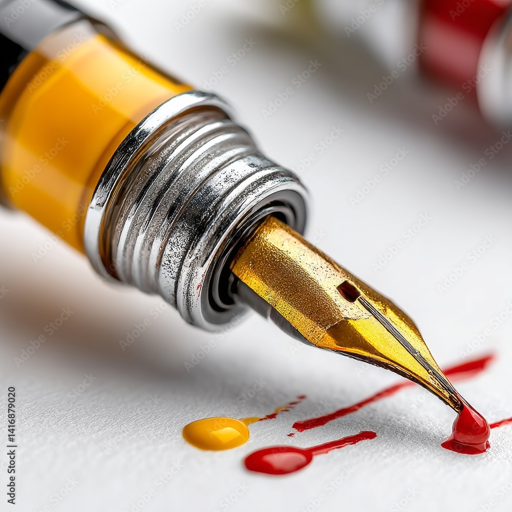 Fountain Pen Delicately Placing Vibrant Drops of Ink on Textured Paper, Creating Abstract Art with Precise Control